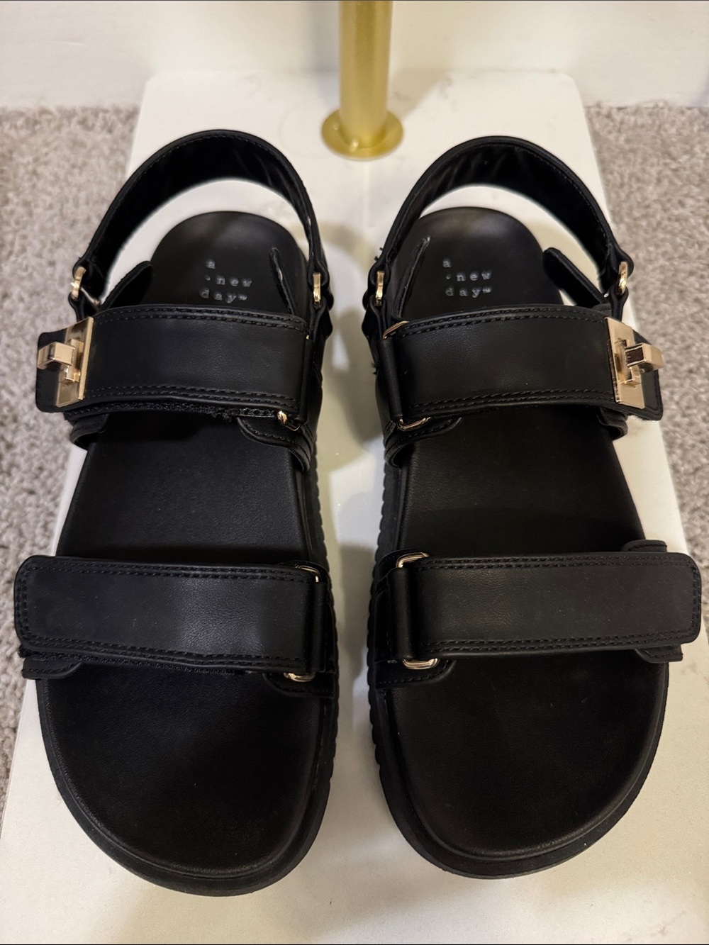 a new day Black Leather Strap Sandals with Gold Buckles